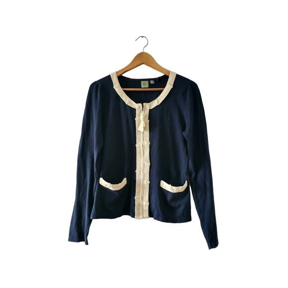 Anthropologie HWR Women's Navy Lace Cardigan Large Preppy Cottage Career - Picture 3 of 11